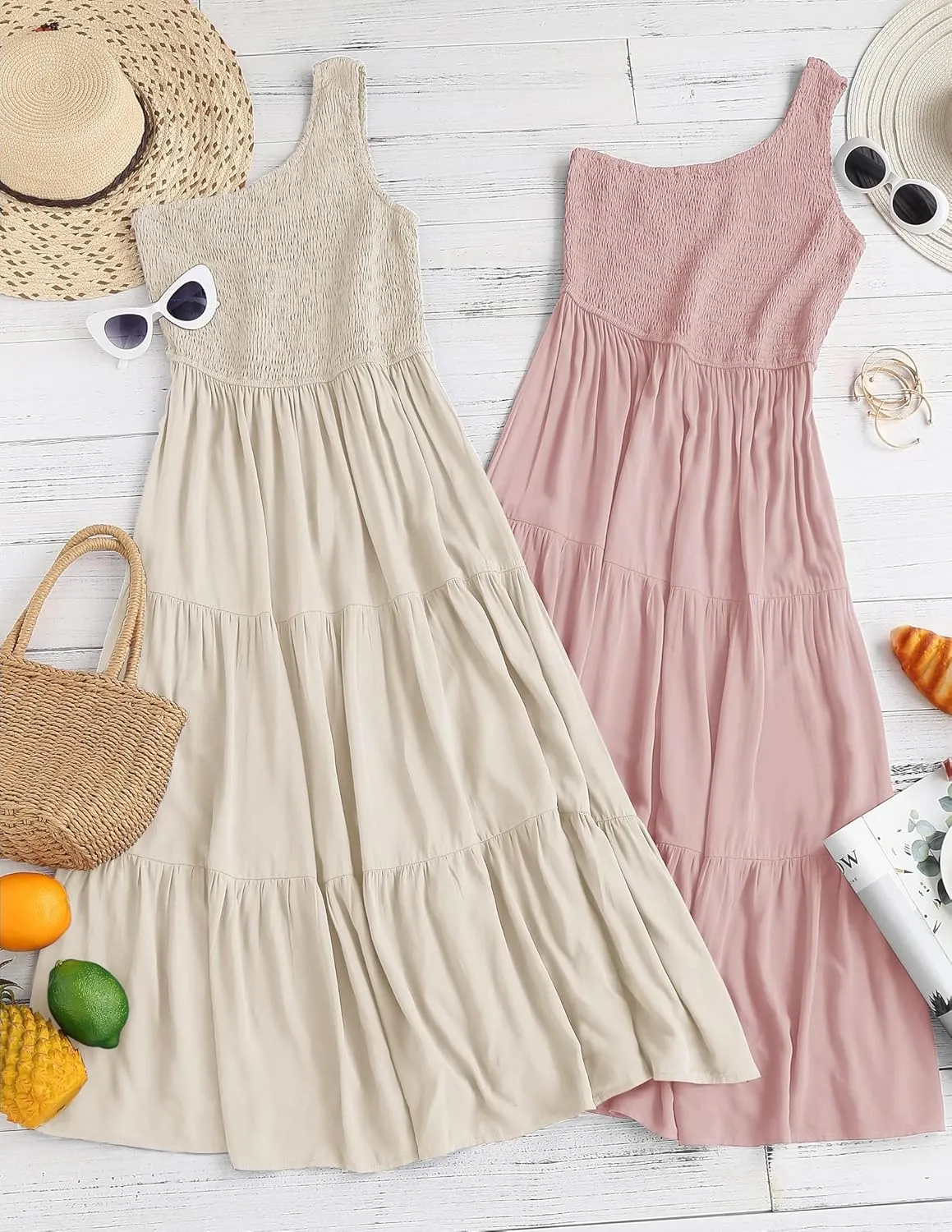 ZESICA Women's 2025 Bohemian Summer Floral Print One Shoulder Sleeveless Smocked Ruffle Tiered Beach Long Midi Dress