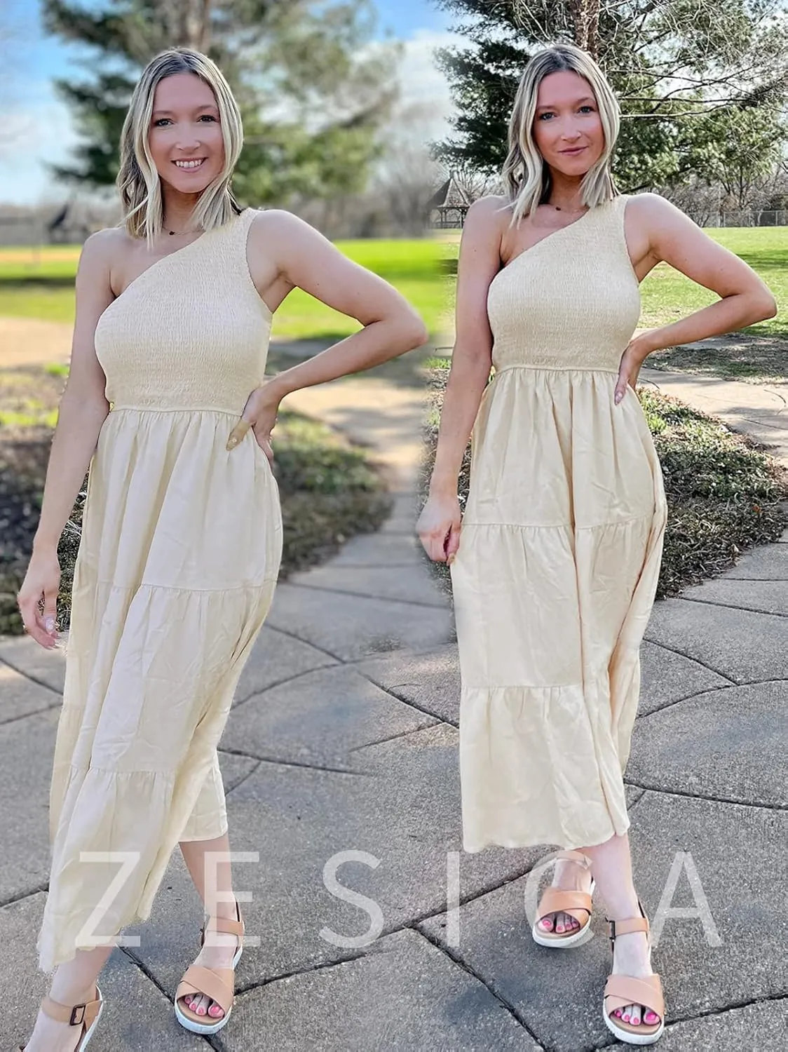 ZESICA Women's 2025 Bohemian Summer Floral Print One Shoulder Sleeveless Smocked Ruffle Tiered Beach Long Midi Dress