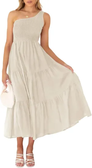 ZESICA Women's 2025 Bohemian Summer Floral Print One Shoulder Sleeveless Smocked Ruffle Tiered Beach Long Midi Dress