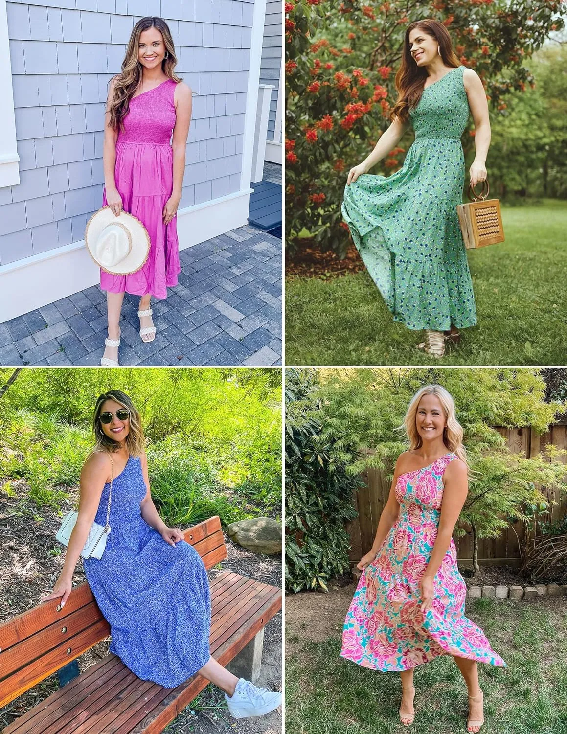ZESICA Women's 2025 Bohemian Summer Floral Print One Shoulder Sleeveless Smocked Ruffle Tiered Beach Long Midi Dress