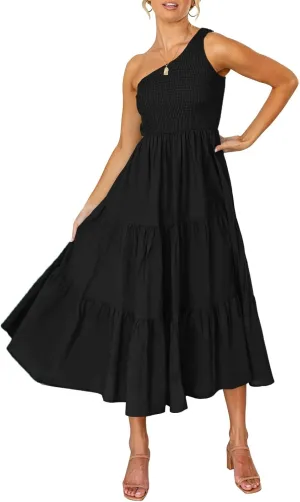 ZESICA Women's 2025 Bohemian Summer Floral Print One Shoulder Sleeveless Smocked Ruffle Tiered Beach Long Midi Dress