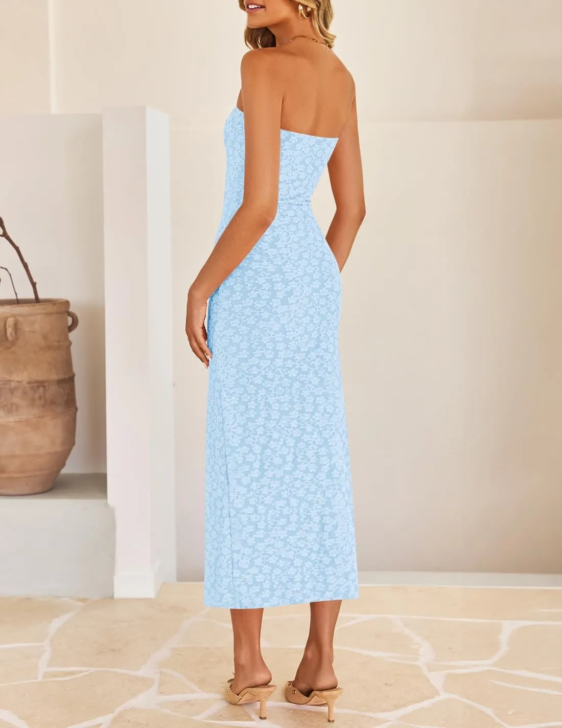 ZESICA Women's 2025 Summer Boho Floral Strapless Bodycon Dress Off Shoulder Tube Beach Party Long Midi Dresses