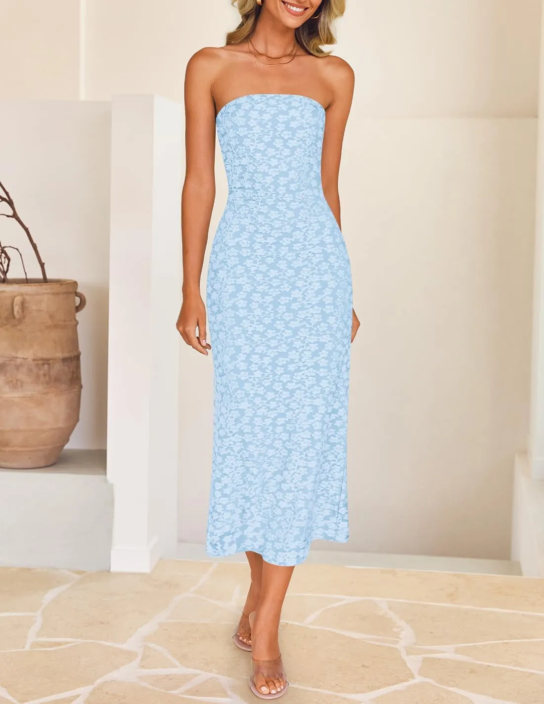 ZESICA Women's 2025 Summer Boho Floral Strapless Bodycon Dress Off Shoulder Tube Beach Party Long Midi Dresses