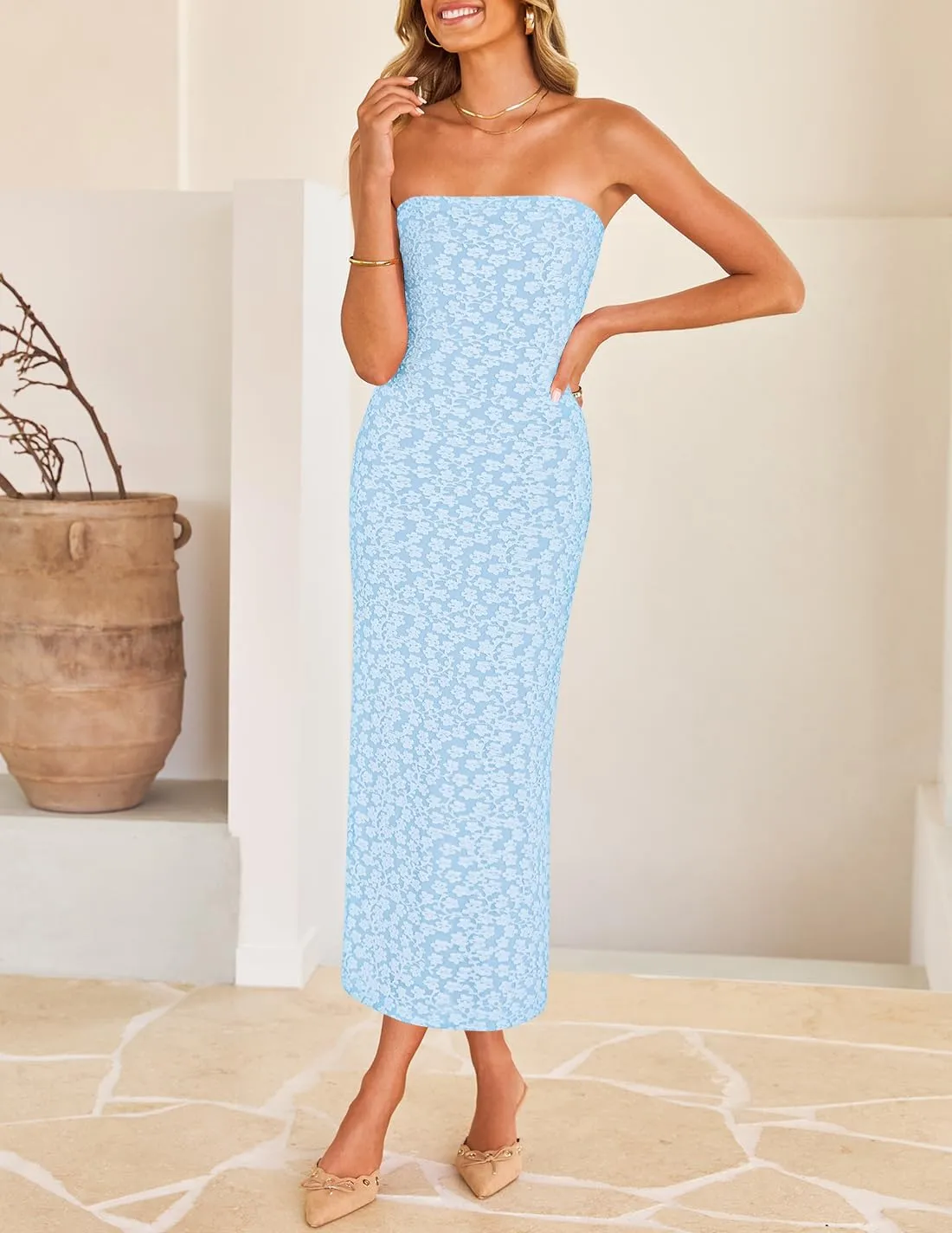 ZESICA Women's 2025 Summer Boho Floral Strapless Bodycon Dress Off Shoulder Tube Beach Party Long Midi Dresses