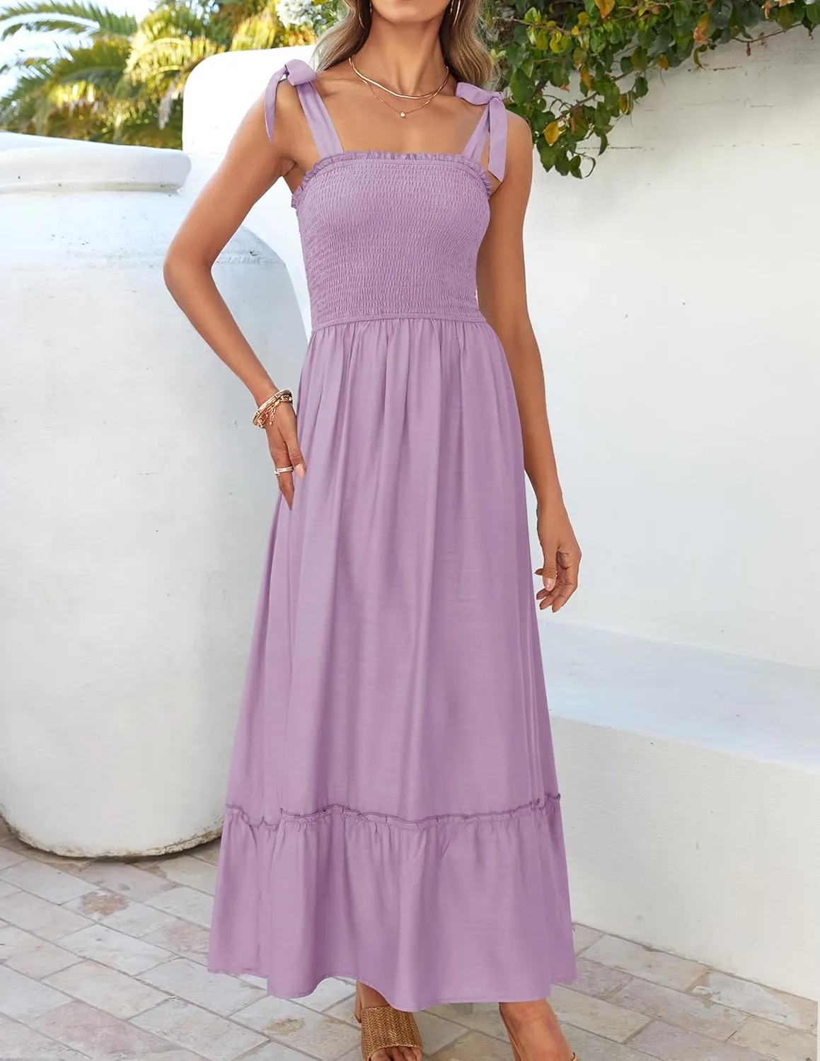 ZESICA Women's 2025 Summer Boho Spaghetti Strap Square Neck Solid Color Ruffle A Line Beach Long Maxi Dress