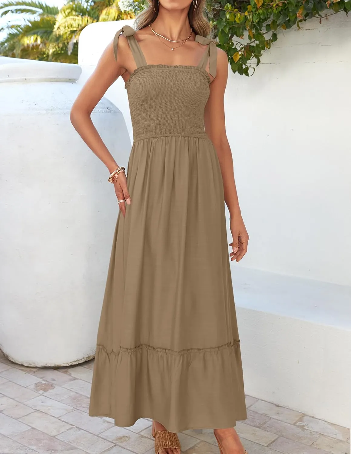 ZESICA Women's 2025 Summer Boho Spaghetti Strap Square Neck Solid Color Ruffle A Line Beach Long Maxi Dress