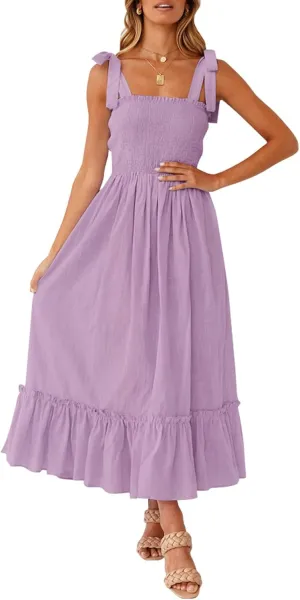 ZESICA Women's 2025 Summer Boho Spaghetti Strap Square Neck Solid Color Ruffle A Line Beach Long Maxi Dress