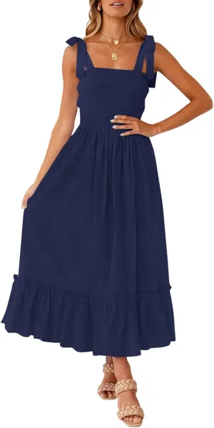 ZESICA Women's 2025 Summer Boho Spaghetti Strap Square Neck Solid Color Ruffle A Line Beach Long Maxi Dress