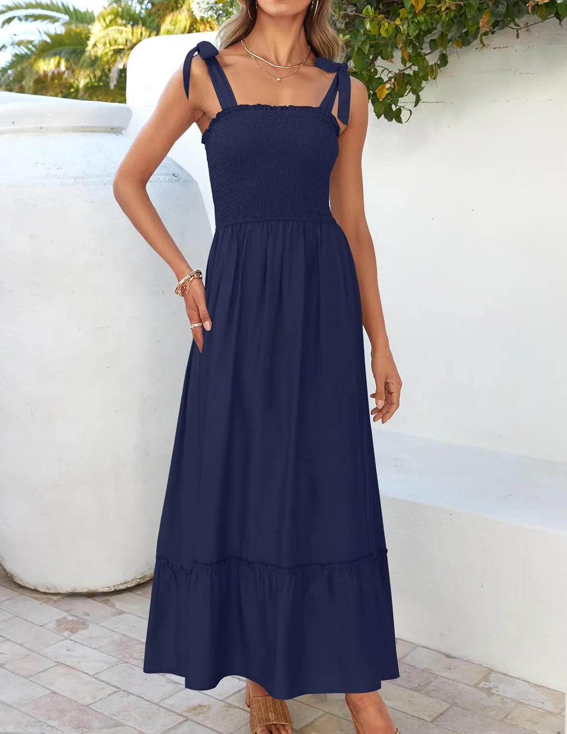 ZESICA Women's 2025 Summer Boho Spaghetti Strap Square Neck Solid Color Ruffle A Line Beach Long Maxi Dress