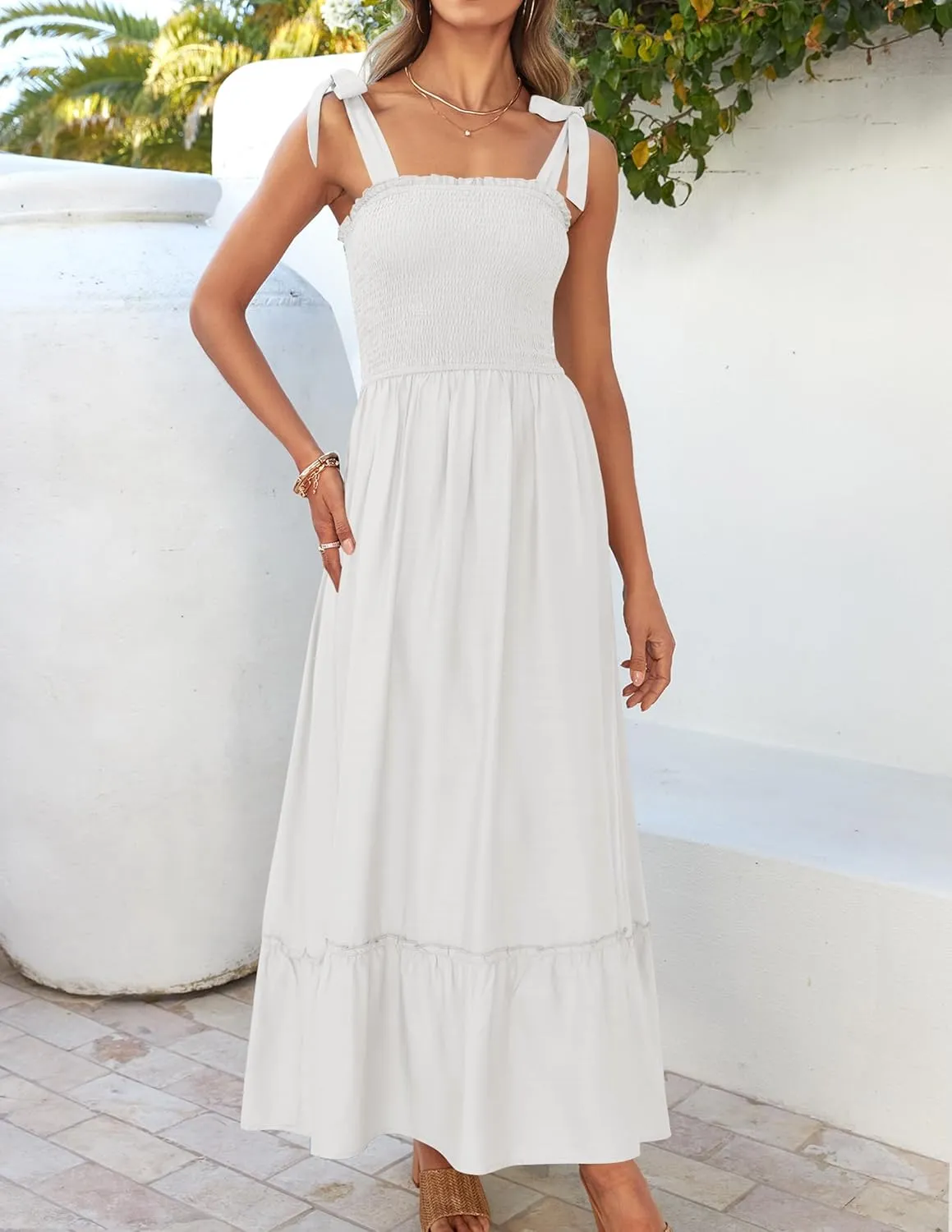 ZESICA Women's 2025 Summer Boho Spaghetti Strap Square Neck Solid Color Ruffle A Line Beach Long Maxi Dress