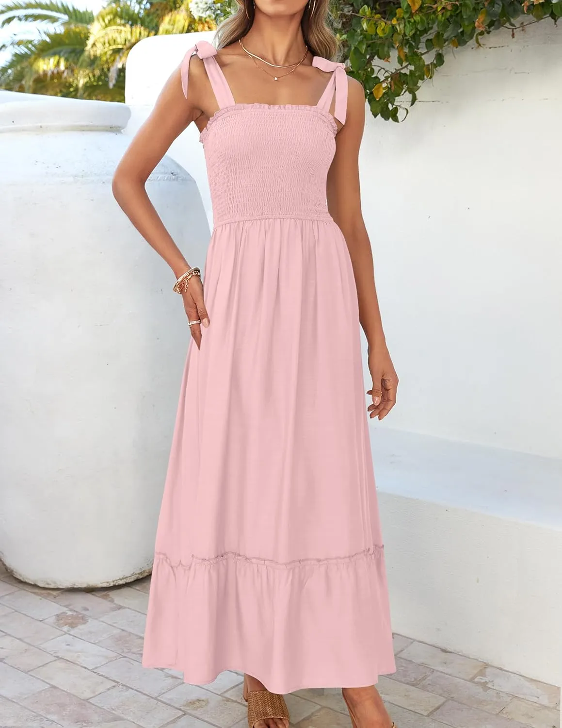 ZESICA Women's 2025 Summer Boho Spaghetti Strap Square Neck Solid Color Ruffle A Line Beach Long Maxi Dress