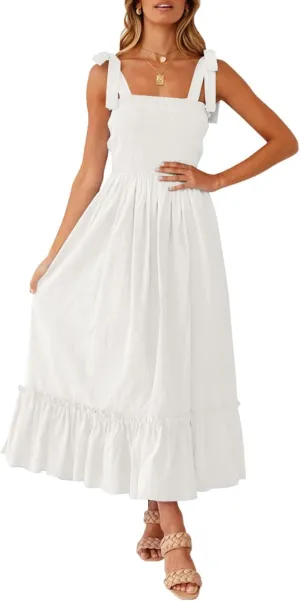 ZESICA Women's 2025 Summer Boho Spaghetti Strap Square Neck Solid Color Ruffle A Line Beach Long Maxi Dress