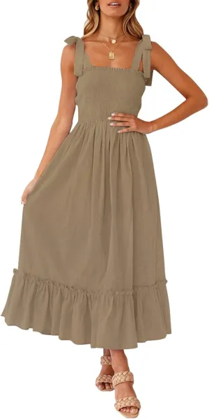 ZESICA Women's 2025 Summer Boho Spaghetti Strap Square Neck Solid Color Ruffle A Line Beach Long Maxi Dress