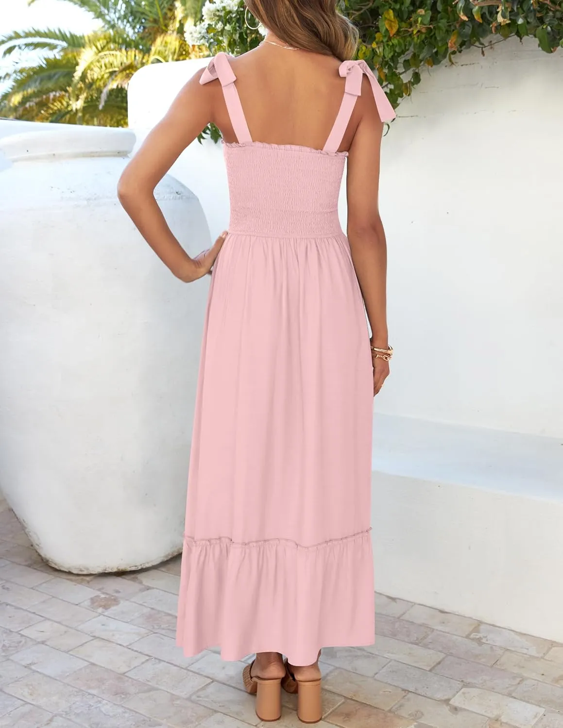 ZESICA Women's 2025 Summer Boho Spaghetti Strap Square Neck Solid Color Ruffle A Line Beach Long Maxi Dress