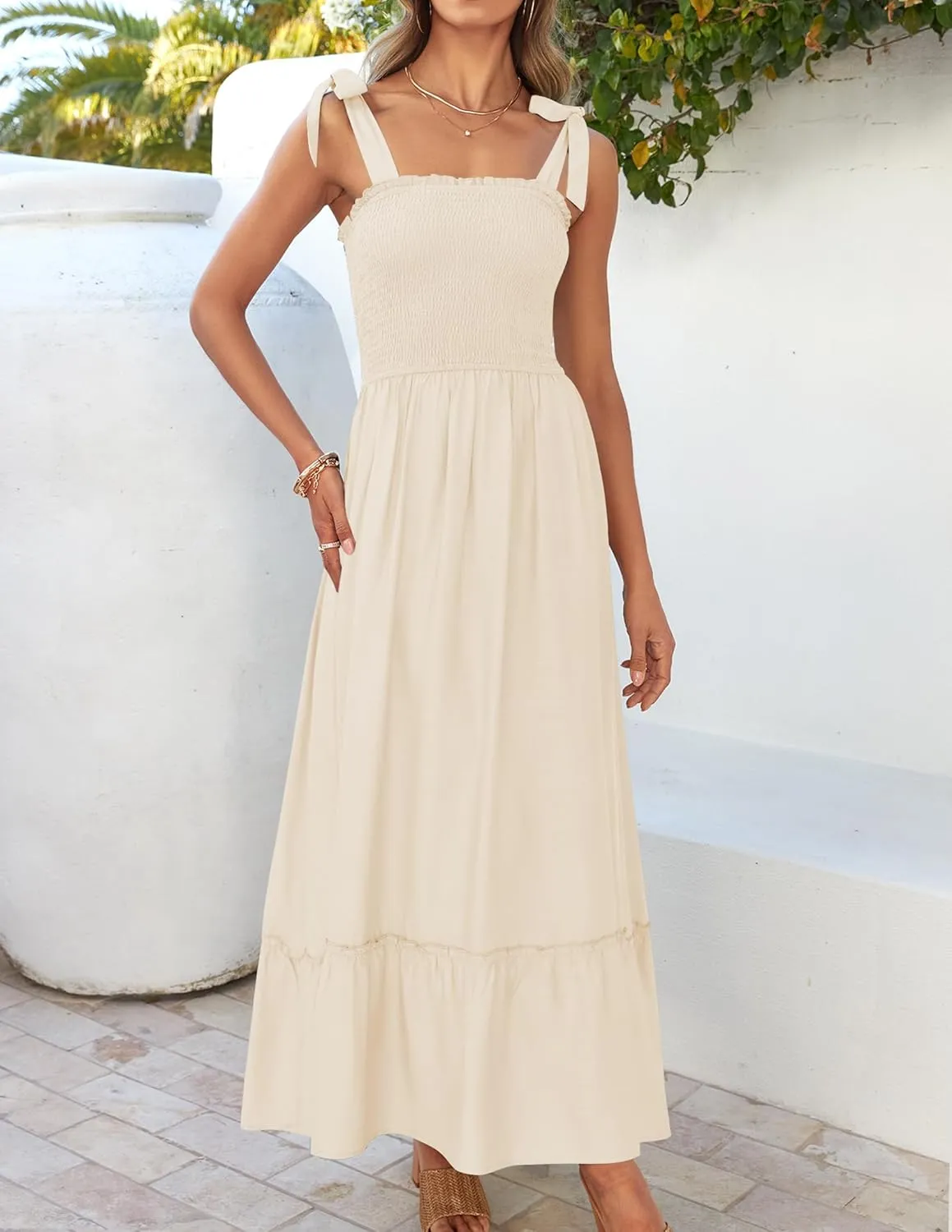 ZESICA Women's 2025 Summer Boho Spaghetti Strap Square Neck Solid Color Ruffle A Line Beach Long Maxi Dress