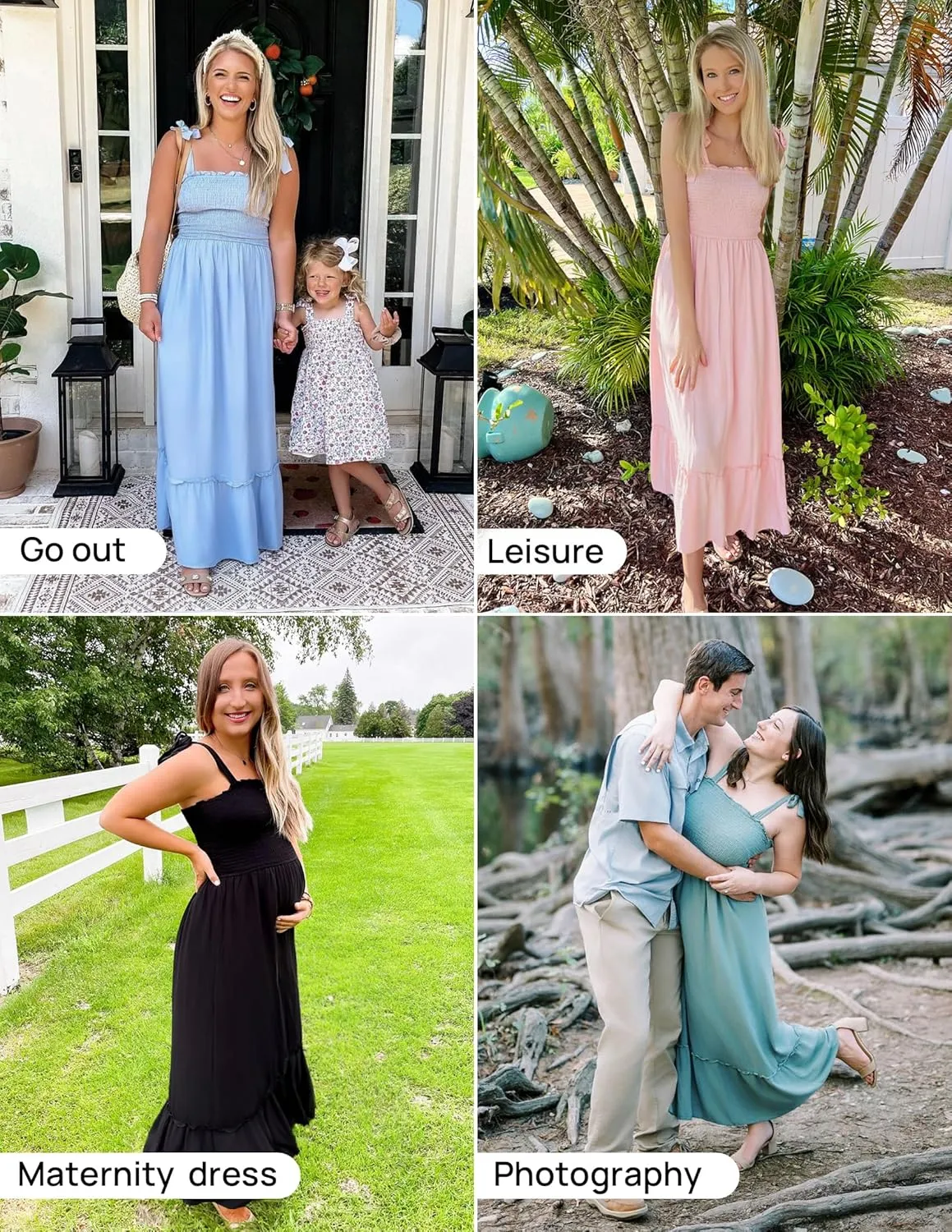 ZESICA Women's 2025 Summer Boho Spaghetti Strap Square Neck Solid Color Ruffle A Line Beach Long Maxi Dress