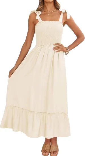 ZESICA Women's 2025 Summer Boho Spaghetti Strap Square Neck Solid Color Ruffle A Line Beach Long Maxi Dress