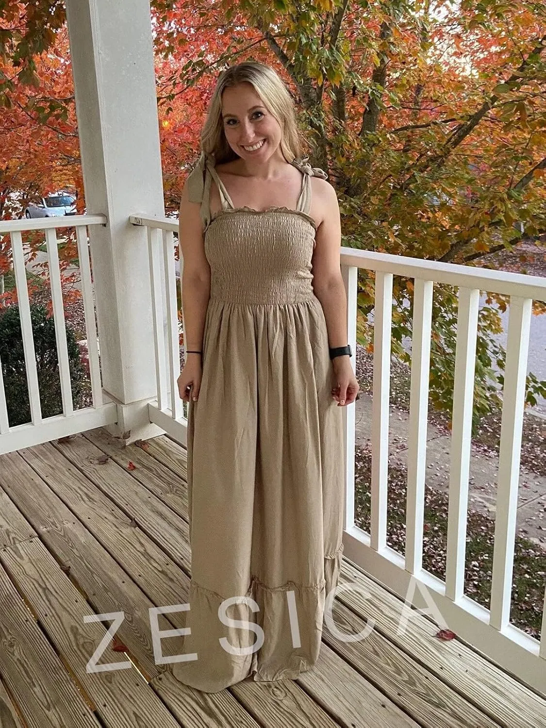 ZESICA Women's 2025 Summer Boho Spaghetti Strap Square Neck Solid Color Ruffle A Line Beach Long Maxi Dress
