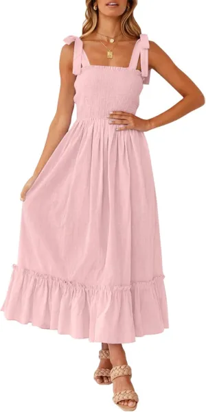 ZESICA Women's 2025 Summer Boho Spaghetti Strap Square Neck Solid Color Ruffle A Line Beach Long Maxi Dress