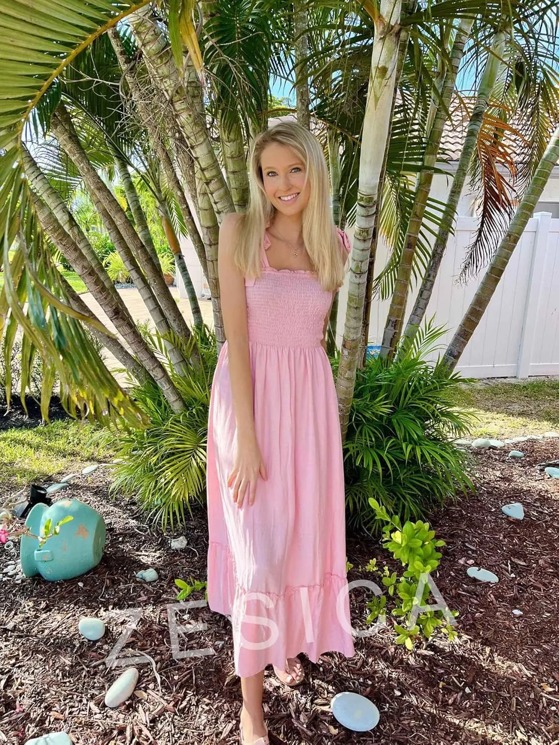 ZESICA Women's 2025 Summer Boho Spaghetti Strap Square Neck Solid Color Ruffle A Line Beach Long Maxi Dress