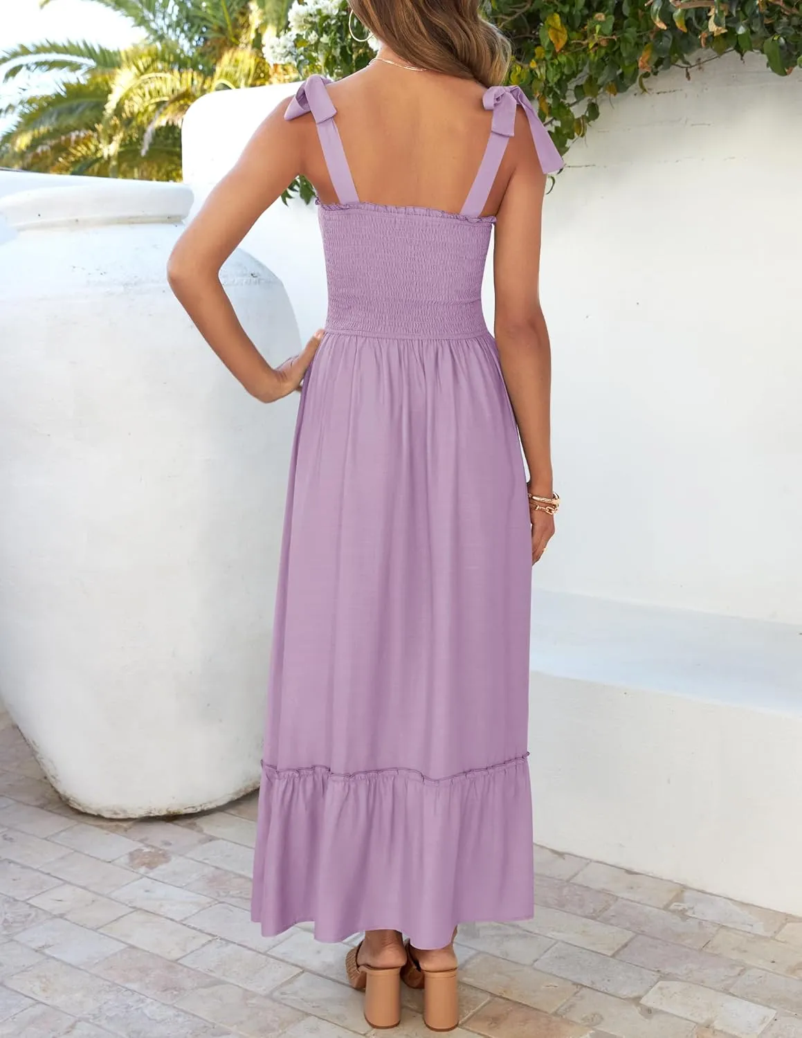 ZESICA Women's 2025 Summer Boho Spaghetti Strap Square Neck Solid Color Ruffle A Line Beach Long Maxi Dress