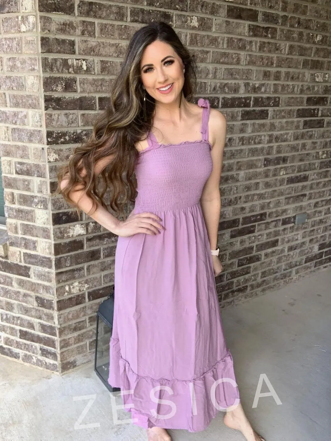 ZESICA Women's 2025 Summer Boho Spaghetti Strap Square Neck Solid Color Ruffle A Line Beach Long Maxi Dress