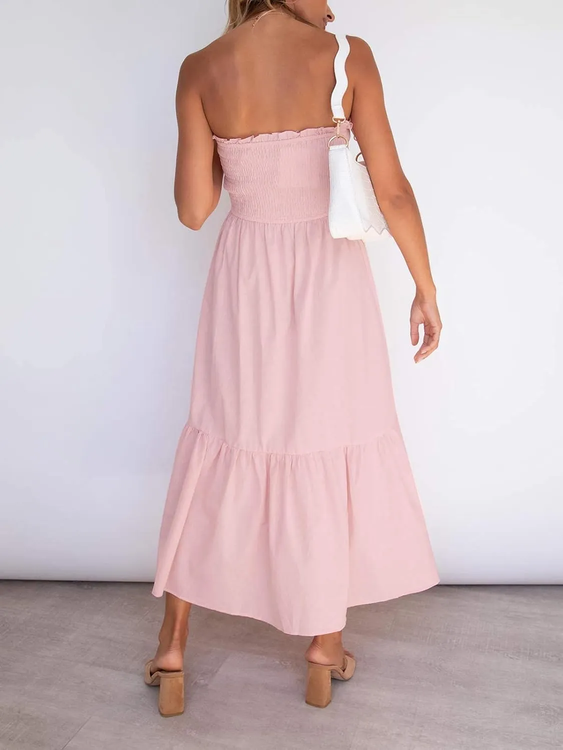ZESICA Women's Summer Strapless Dress Off Shoulder Sleeveless High Waist Solid Color Beach Long Dresses