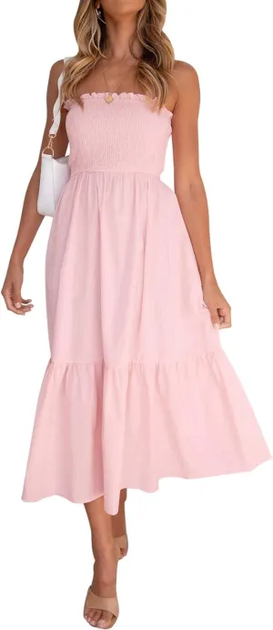 ZESICA Women's Summer Strapless Dress Off Shoulder Sleeveless High Waist Solid Color Beach Long Dresses