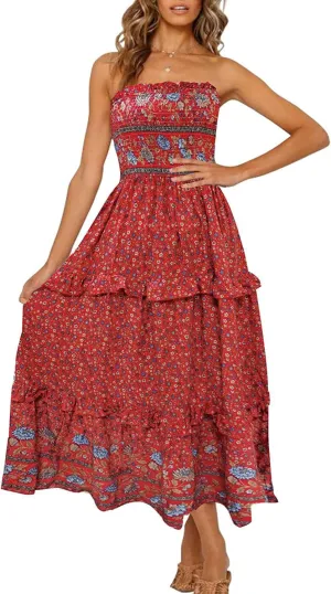 ZESICA Women's Summer Strapless Dress Off Shoulder Sleeveless High Waist Solid Color Beach Long Dresses