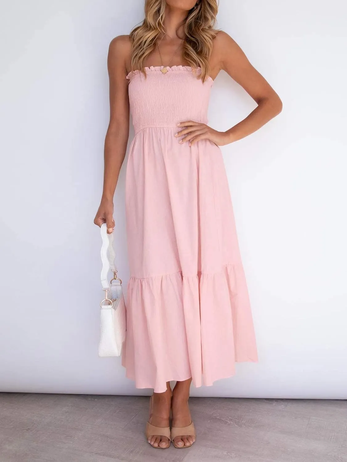 ZESICA Women's Summer Strapless Dress Off Shoulder Sleeveless High Waist Solid Color Beach Long Dresses