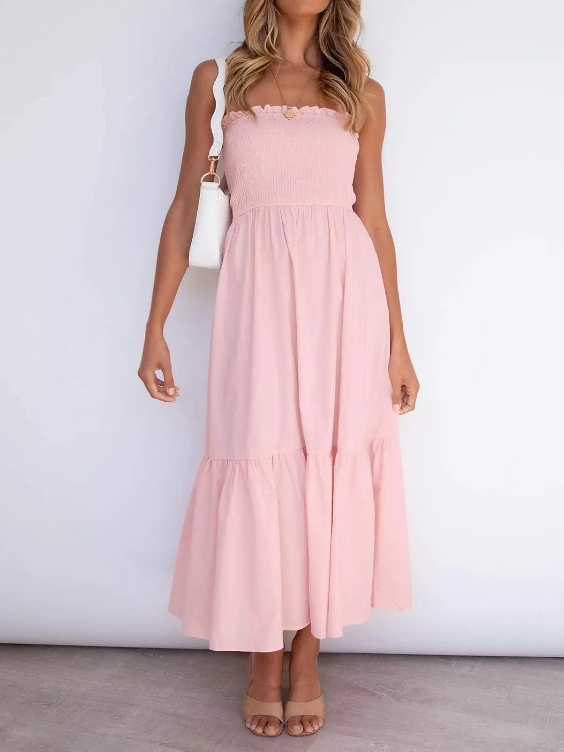ZESICA Women's Summer Strapless Dress Off Shoulder Sleeveless High Waist Solid Color Beach Long Dresses