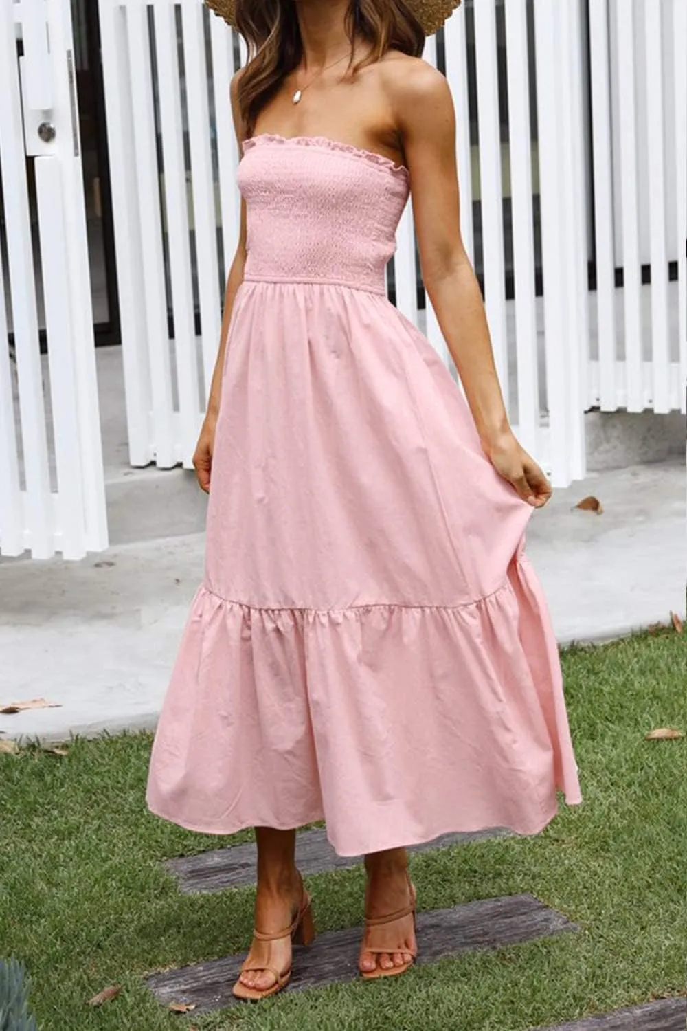 ZESICA Women's Summer Strapless Dress Off Shoulder Sleeveless High Waist Solid Color Beach Long Dresses