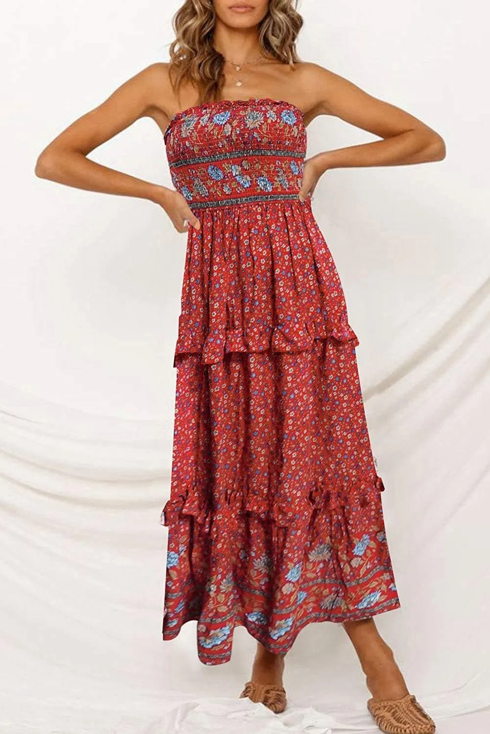 ZESICA Women's Summer Strapless Dress Off Shoulder Sleeveless High Waist Solid Color Beach Long Dresses