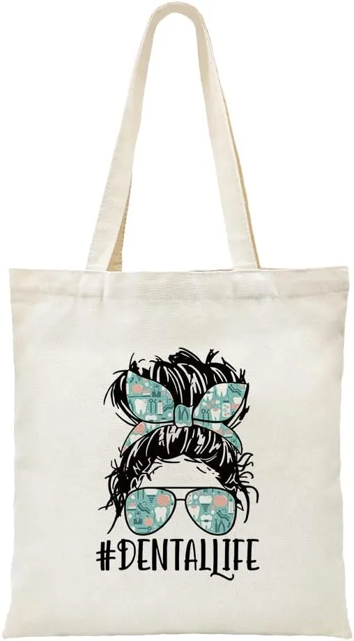 ZHANTUONE Denta Life Funny Canvas Large Shopping Capacity Grocery Tote Bag, Reusable with Zipper Inner Pockets, Gifts for Dental Professionals Dental Assistants Dental Hygienist Oral Hygienist