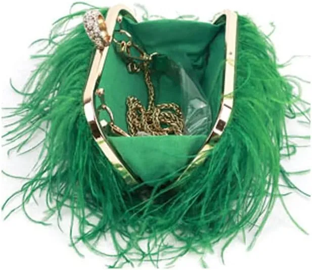 ZiMing Women Evening Bag Natural Ostrich Feather Evening Purse Handbags Ring Handle Clutch wihe Chain Strap Wedding Party