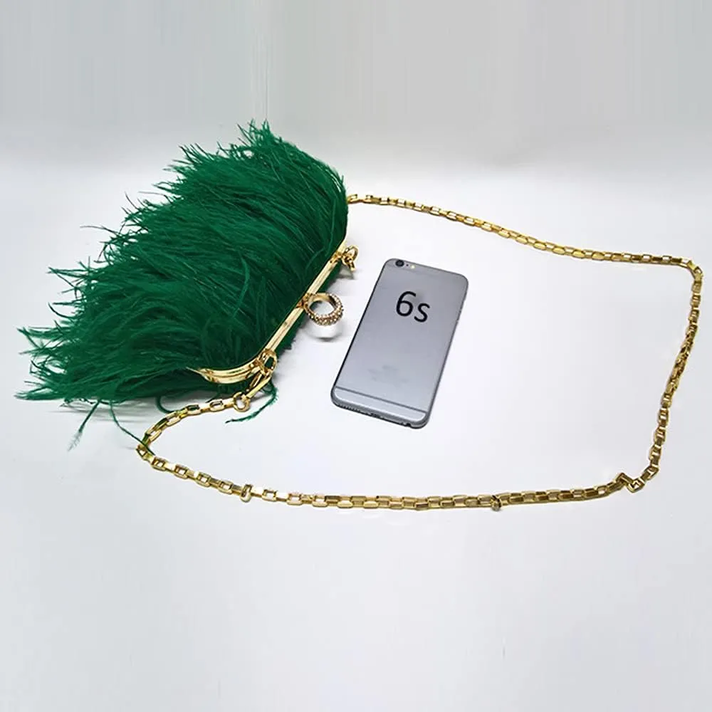 ZiMing Women Evening Bag Natural Ostrich Feather Evening Purse Handbags Ring Handle Clutch wihe Chain Strap Wedding Party