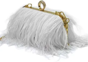 ZiMing Women Evening Bag Natural Ostrich Feather Evening Purse Handbags Ring Handle Clutch wihe Chain Strap Wedding Party